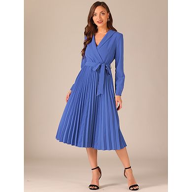 Pleated Dress For Women's Office Work Shawl Collar Belt Midi Dresses