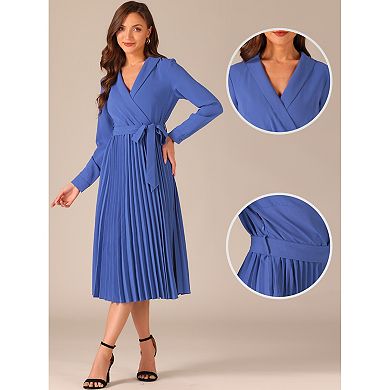 Pleated Dress For Women's Office Work Shawl Collar Belt Midi Dresses
