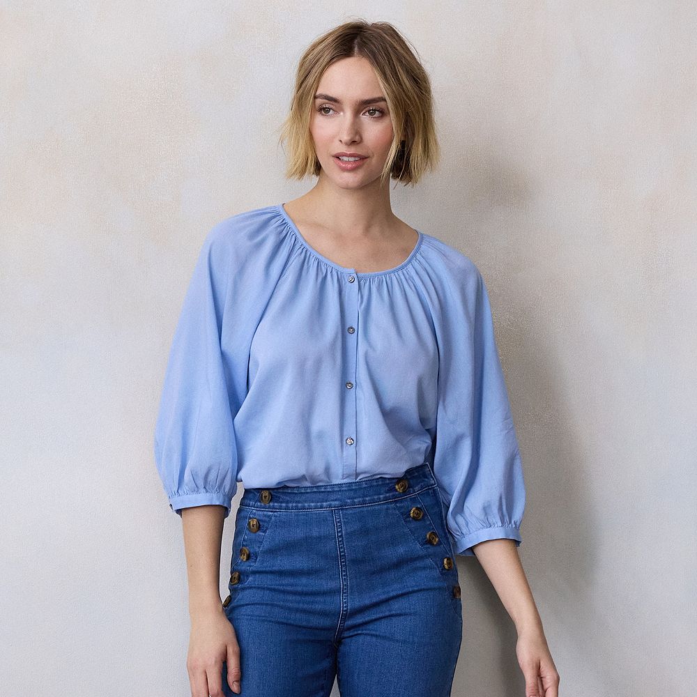 RAGLAN SLEEVE BUTTON UP TOP CROWNED ROSES