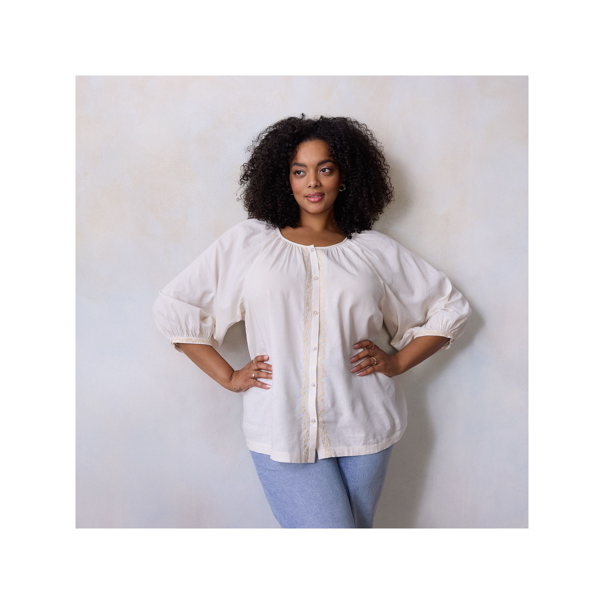 Plus Size LC Lauren Conrad Raglan Sleeve Button Front Peasant Top, Womens,