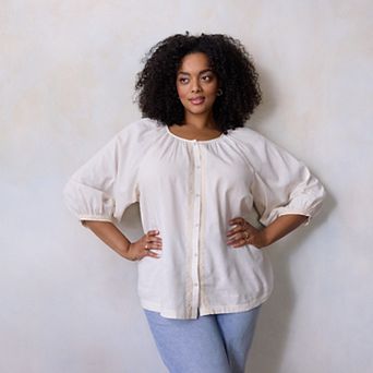 Plus Size LC Lauren Conrad Raglan Sleeve Button Front Peasant Top