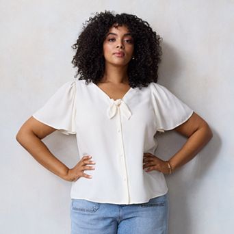 Plus Size LC Lauren Conrad Woven Tie-Front Flutter Sleeve Top