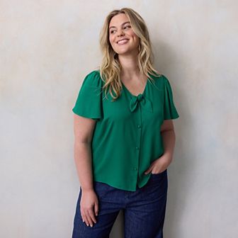 Plus Size LC Lauren Conrad Woven Tie-Front Flutter Sleeve Top