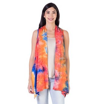 Women's 24Seven Comfort Apparel Orange Tie Dye Sleeveless Open Front Shrug Vest
