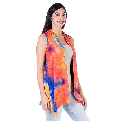 Women's 24Seven Comfort Apparel Orange Tie Dye Sleeveless Open Front Shrug Vest