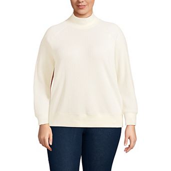 Plus Size Lands' End Waffle Relaxed Long Sleeve Mockneck Pullover