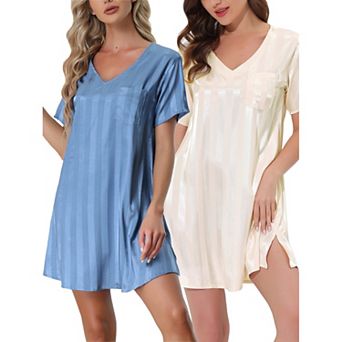 Women's Satin Striped Pajamas Dress Nightshirt Lounge Sleepwear Nightgown