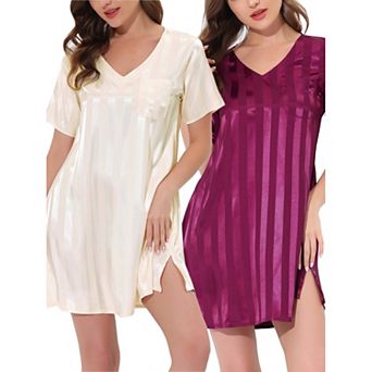Women's Satin Striped Pajamas Dress Nightshirt Lounge Sleepwear Nightgown