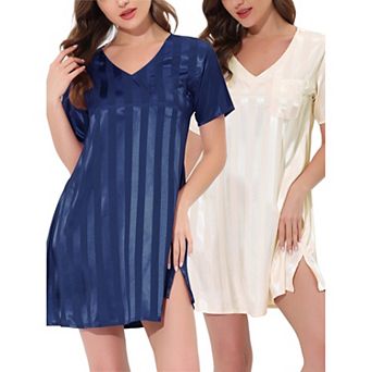 Women's Satin Striped Pajamas Dress Nightshirt Lounge Sleepwear Nightgown
