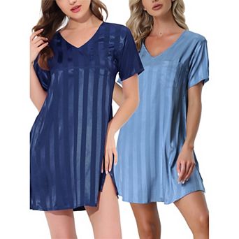 Women's Satin Striped Pajamas Dress Nightshirt Lounge Sleepwear Nightgown