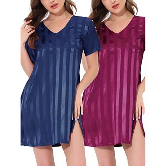 Women's Satin Striped Pajamas Dress Nightshirt Lounge Sleepwear Nightgown