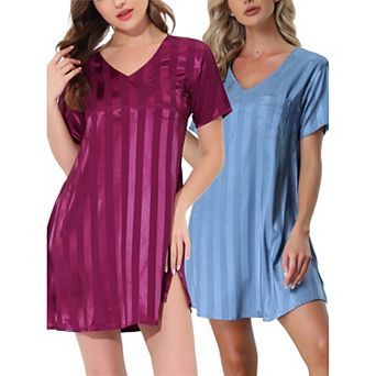 Women's Satin Striped Pajamas Dress Nightshirt Lounge Sleepwear Nightgown