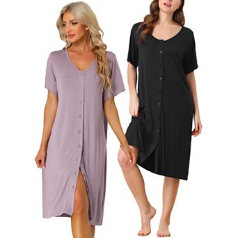 Women's Short Sleeve Nightshirt Button Down Nightgown Sleepwear Pajama Dress