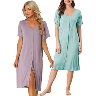 Women's Short Sleeve Nightshirt Button Down Nightgown Sleepwear Pajama Dress