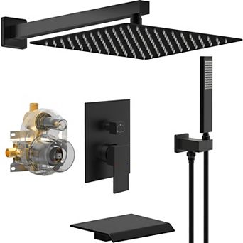 Modern Contemporary Style Bathtub Shower Faucet Set with 12-Inch Rain Shower Head-Matte Black