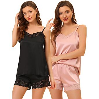 Women's Satin Lingerie Lace Trim Cami Tops And Shorts Sleepwear Pajamas Sets
