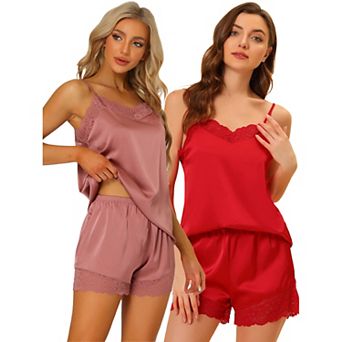 Women's Satin Lingerie Lace Trim Cami Tops And Shorts Sleepwear Pajamas Sets