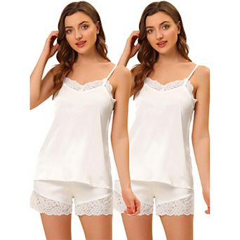 Women's Satin Lingerie Lace Trim Cami Tops And Shorts Sleepwear Pajamas Sets