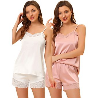 Women's Satin Lingerie Lace Trim Cami Tops And Shorts Sleepwear Pajamas Sets