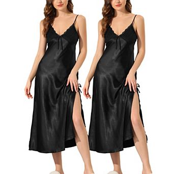 Women's Satin Nightgown V Neck Nightdress Midi Side Slit Casual Dress