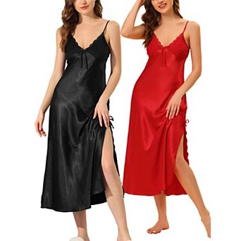 Women's Satin Nightgown V Neck Nightdress Midi Side Slit Casual Dress