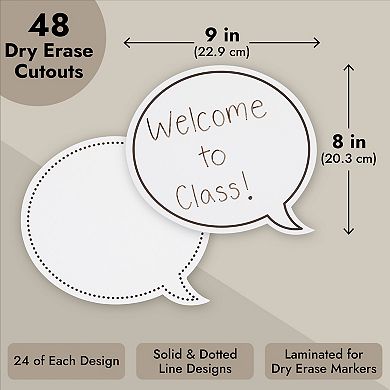 48 Pack Dry Erase Speech Bubble Cutouts, Solid And Dotted Outline, 9 X 8 Inch