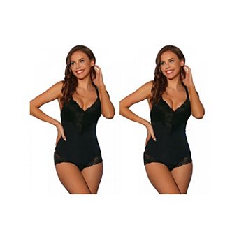 2 Packs Women's Lace Shapewear Bodysuit Adjustable Straps Tummy Control Backless V Neck