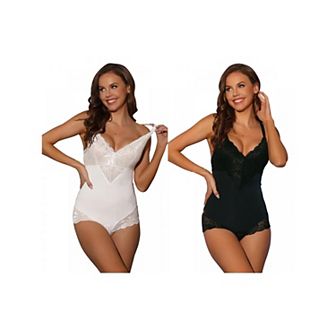 2 Packs Women's Lace Shapewear Bodysuit Adjustable Straps Tummy Control Backless V Neck
