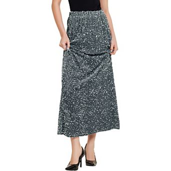 Sequin Velvet Skirt For Women's Elastic Waist Sparkle Party Maxi Skirt