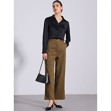 Women's Pants Fall Winter Blend High Waist Wide Leg Zipper Pockets Belt Business Casual Pants