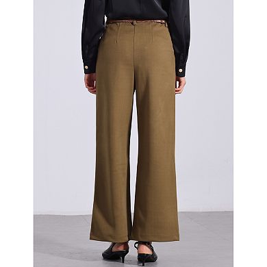 Women's Pants Fall Winter Blend High Waist Wide Leg Zipper Pockets Belt Business Casual Pants