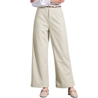 Women's Pants Fall Winter Blend High Waist Wide Leg Zipper Pockets Belt Business Casual Pants