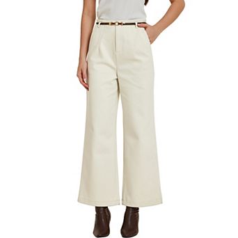 Women's Pants Fall Winter Blend High Waist Wide Leg Zipper Pockets Belt Business Casual Pants