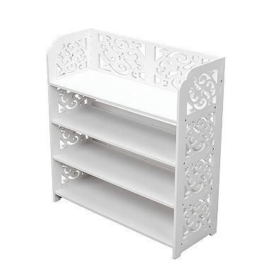Wood-plastic Board Four Tiers Carved Shoe Rack - White
