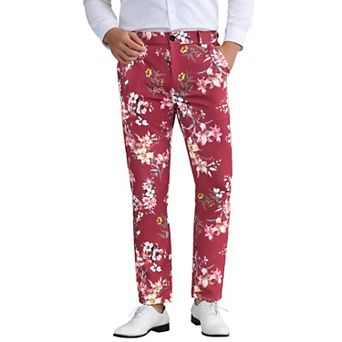 Floral Dress Pants for Men's Flat Front Party Prom Flower Printed Slacks