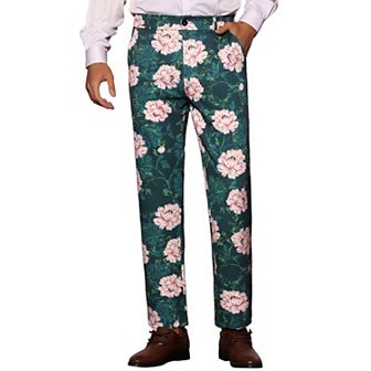 Floral Dress Pants for Men's Flat Front Party Prom Flower Printed Slacks