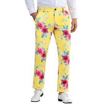 Floral Dress Pants for Men's Flat Front Party Prom Flower Printed Slacks