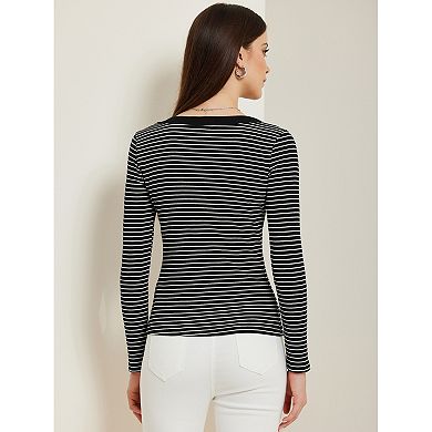Stripe Shirt For Women's Stretch Scoop Neck Long Sleeve Casual Basic Top