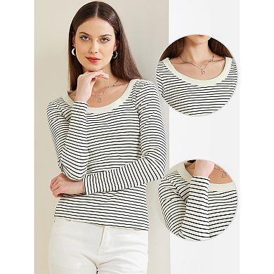 Stripe Shirt For Women's Stretch Scoop Neck Long Sleeve Casual Basic Top