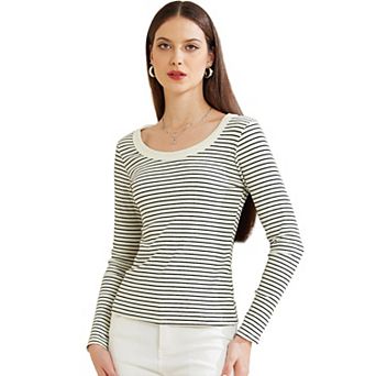 Stripe Shirt For Women's Stretch Scoop Neck Long Sleeve Casual Basic Top