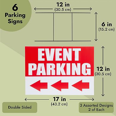 6 Pack Corrugated Plastic Parking Signs For Event With Stakes, 3 Designs, 12x17"