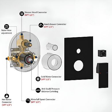 Folding Bathtub Shower Faucet, Rain Shower Head System - Black