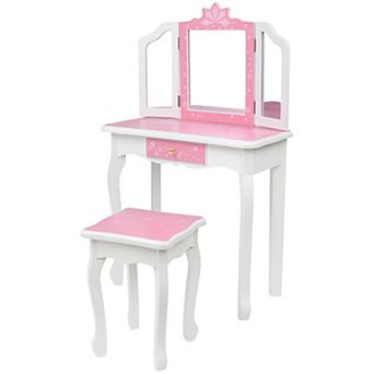 Childrens Wooden Dressing Table Three-sided Folding Mirror Dressing Table Chair Single Drawer