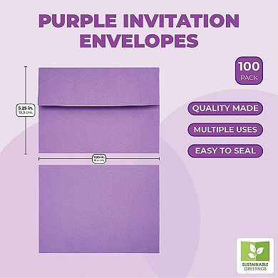 100 Pack Purple Envelopes 7x5", A7 Size for Greeting Cards, Mailing, Invitations