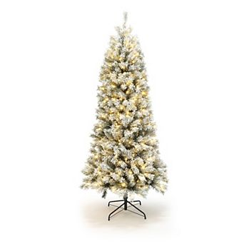 LuxenHome 7-Foot Pre-Lit Snow-Flocked Artificial Christmas Tree with Sturdy Metal Stand