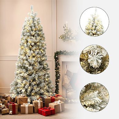 LuxenHome 7-Foot Pre-Lit Snow-Flocked Artificial Christmas Tree with Sturdy Metal Stand