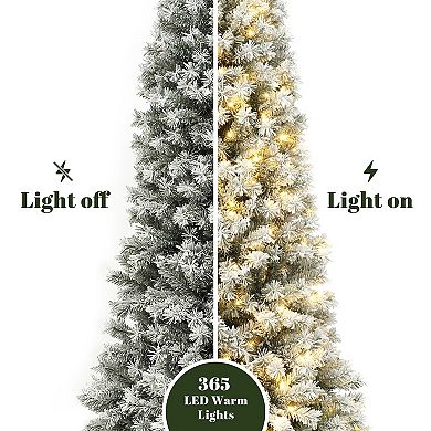 LuxenHome 7-Foot Pre-Lit Snow-Flocked Artificial Christmas Tree with Sturdy Metal Stand
