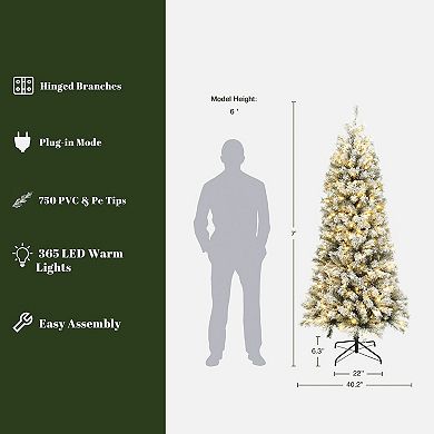 LuxenHome 7-Foot Pre-Lit Snow-Flocked Artificial Christmas Tree with Sturdy Metal Stand