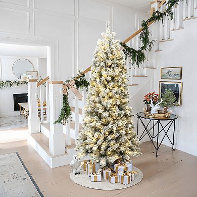 LuxenHome 7-Foot Pre-Lit Snow-Flocked Artificial Christmas Tree with Sturdy Metal Stand