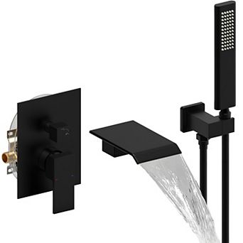Matte Black Waterfall Tub Faucet with Hand Shower - Wall Mount Bathtub Shower System